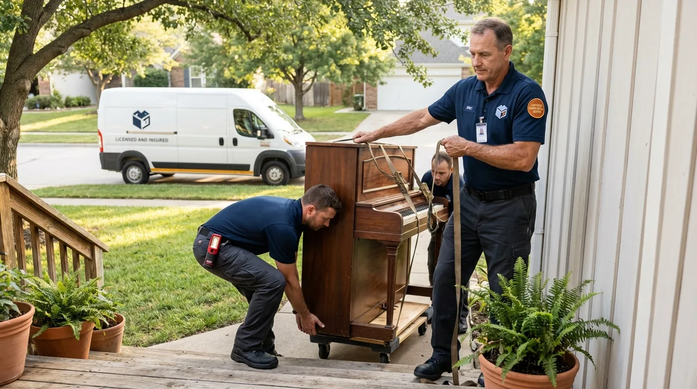Licensed piano movers securing grand piano in Blackstone, MA