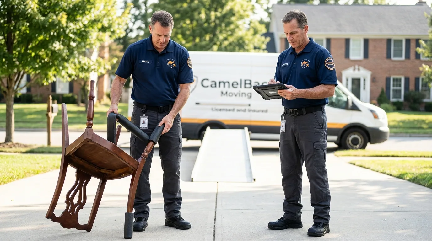 Movers inspecting furniture for damage prevention before loading in Blackstone, MA