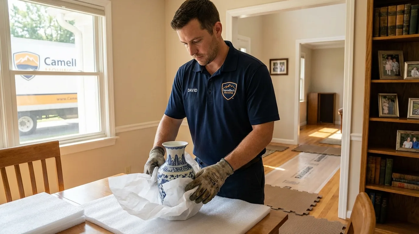 Professional crew carefully wrapping antique vase for senior downsizing move in Blackstone, MA