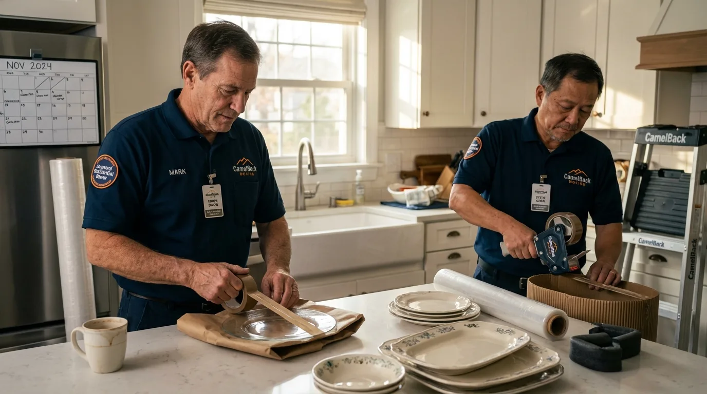 Professional crew packing kitchen dishware in Blackstone, MA